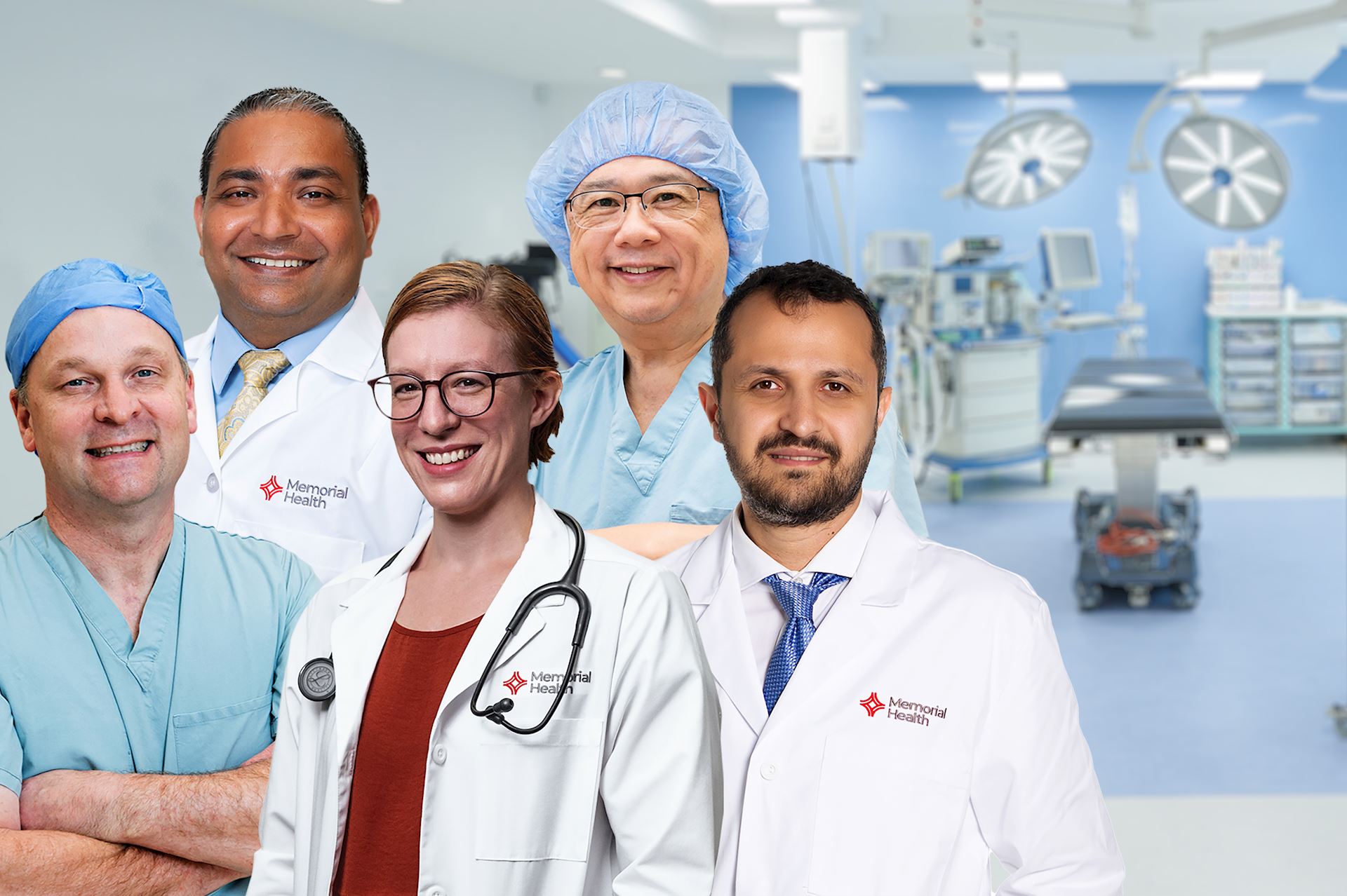 A group of medical professionals with surgical equipment in background